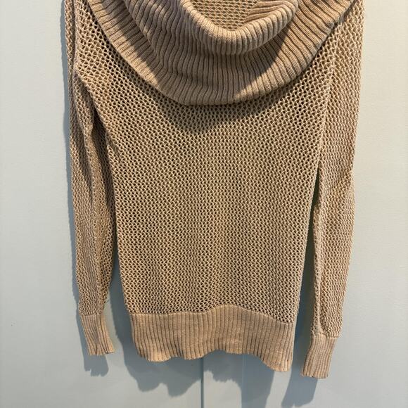 Cache Sweater Women Medium Gold Beige Cowl Neck Open Knit Mesh Pullover Shimmer - Picture 4 of 11